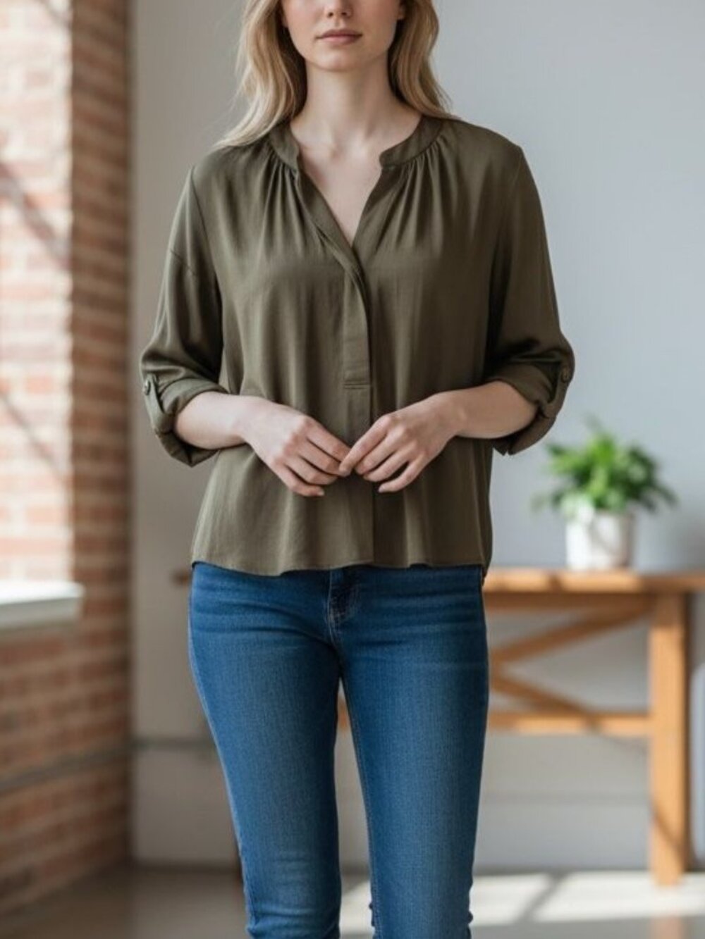 Babaton Aritzia Olive Satin Silky Oversized Blouse XS